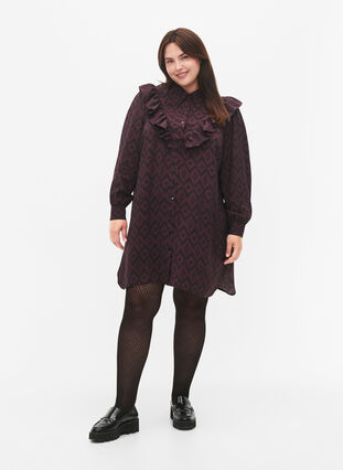 ZizziLange viscose shirt met print en franjes, Winetasting w. Black, Model image number 2