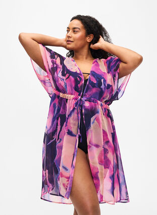 Zizzi Kimono de plage avec imprimé, Purple Swirl, Model image number 0