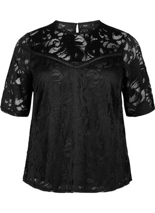 ZizziKanten blouse met korte mouwen, Black, Packshot image number 0