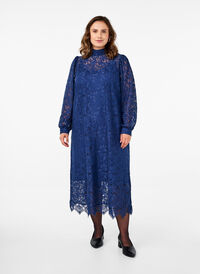 Robe en dentelle à manches longues avec col montant, Estate Blue, Model