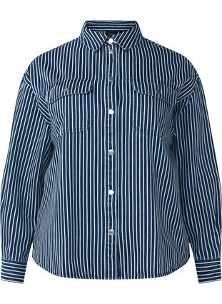 Zizzi Chemise en jean rayée avec poches de poitrine, Blue Denim Stripe, Packshot image number 0