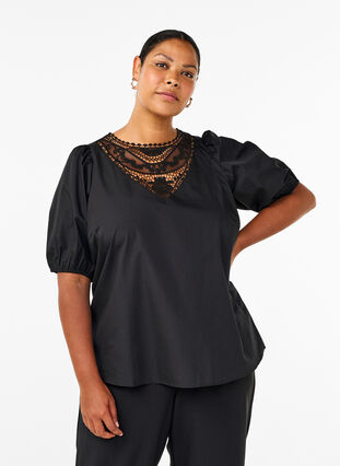 ZizziBlouse met korte mouwen en kant detail, Black, Model image number 0