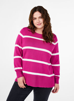 Zizzi Chemisier tricot en viscose avec des rayures, Fuchsia Red Comb, Model image number 0