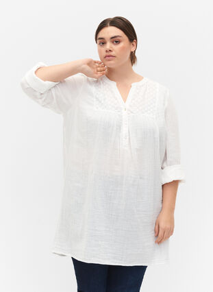 ZizziKatoenen tuniek met broderie anglaise, Bright White, Model image number 0