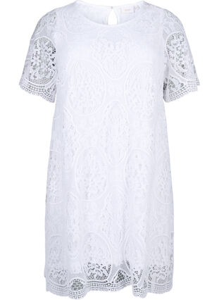 Zizzi Robe de soirée en dentelle à manches courtes, Bright White, Packshot image number 0