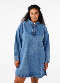 Robe courte en denim, manches longues, forme trapèze, Blue Denim, Model