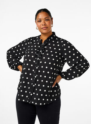 ZizziGestippeld shirt met ruches, Black W. White Dot, Model image number 0