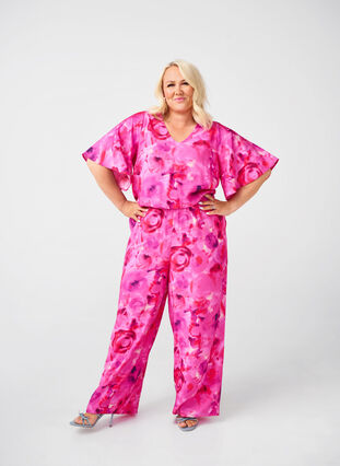 ZizziJumpsuit met bloemenpatroon en mouwen als vleermuisvleugels, Pink Rose AOP, Model image number 0