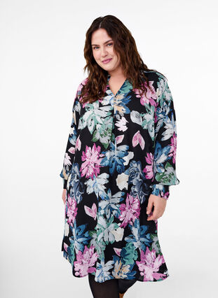 Zizzi Robe à manches longues avec imprimé floral, Rose Flower AOP, Model image number 0