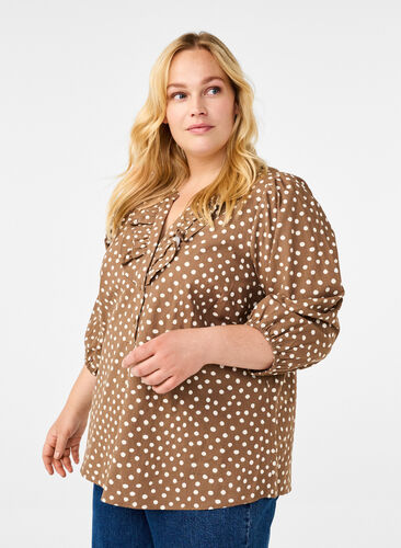 ZizziKatoenen blouse met 3/4 mouwen en print, Coca Mocha Dot , Model image number 0