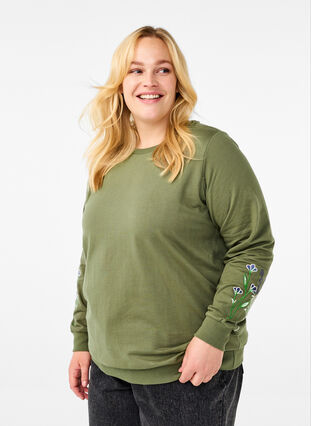 Zizzi Sweatshirt avec broderie florale, D. L. Green W. emb., Model image number 0