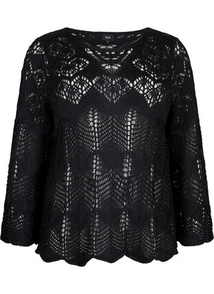 ZizziGebreide blouse met kantpatroon, Black, Packshot image number 0