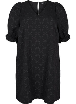 Zizzi Robe jacquard courte avec des nœuds, Black W. Bow, Packshot image number 0