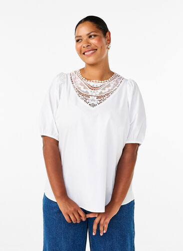 ZizziBlouse met korte mouwen en kant detail, Bright White, Model image number 0