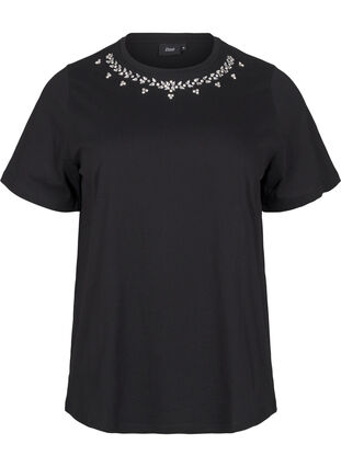 ZizziT-shirt met ronde hals en strass-steentjes, Black, Packshot image number 0