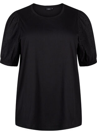 ZizziBiologisch katoenen blouse met broderie anglaise mouwen, Black, Packshot image number 0