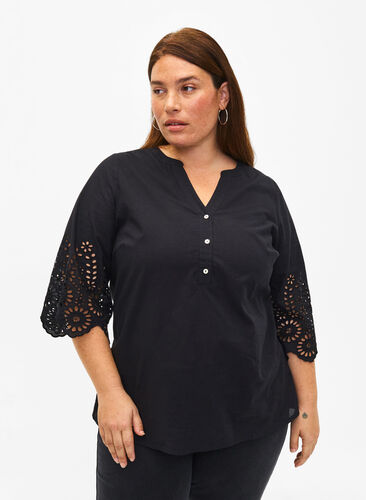 ZizziShirt blouse met broderie anglaise en 3/4-mouwen, Black, Model image number 0