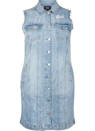 ZizziMouwloze denim jurk met ruwe randdetails, Light Blue Denim, Packshot image number 0