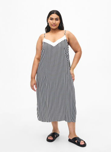 ZizziFLASH - Gestreepte bandjesjurk van viscose, Black White Stripe, Model image number 0