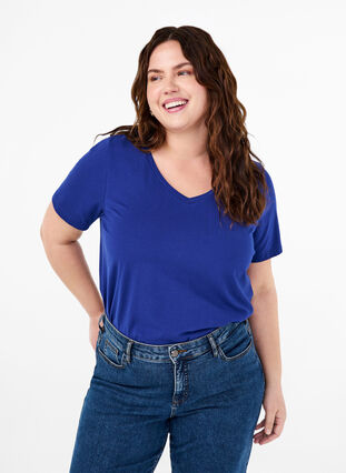 Zizzi T-shirt basique en coton de couleur unie, Sodalite Blue, Model image number 0