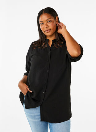 ZizziLang viscose shirt met kanten detail, Black, Model image number 0