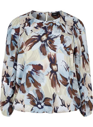 ZizziBlouse met lange mouwen, print en knoop, Grey Flower AOP, Packshot image number 0