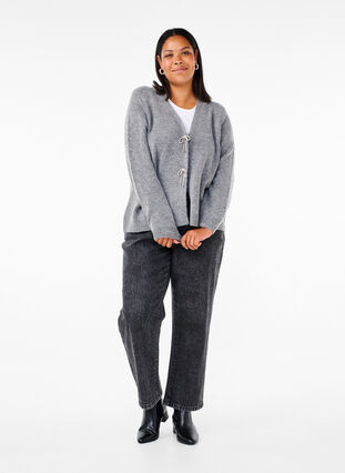 Zizzi Cardigan tricoté avec un nœud en argent, Medium Grey Melange, Model image number 2