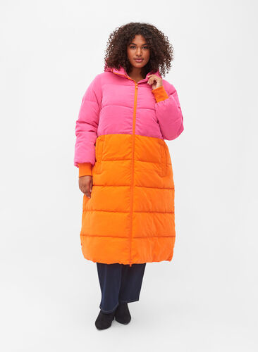 Licht zijde Grijpen Lange winterjas met color-block - Roze - Maat 42-60 - Zizzi