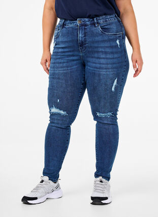 ZizziSuperslanke Amy jeans met slijtagedetails, Blue Denim, Model image number 2