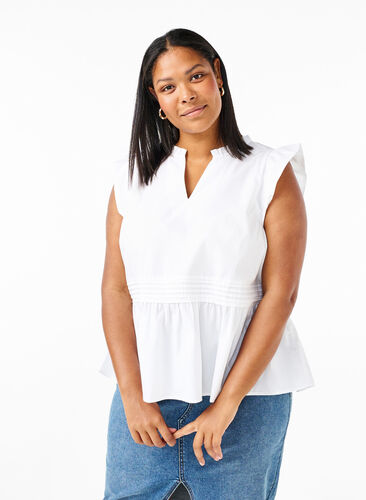 Mouwloze top met pin-tuck en ruches, Bright White, Model image number 0