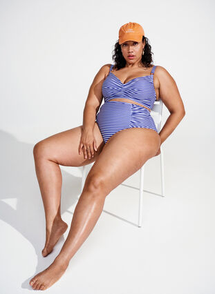 Zizzi Bas de bikini à rayée avec taille haute, Blue Striped, Image image number 0