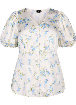 Zizzi Chemisier en satin floral avec manches bouffantes, Off White Blue Fl., Packshot image number 0