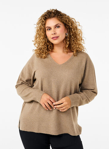 Zizzi  Chemisier en tricot avec col en V, Desert Taupe Melange, Model image number 0