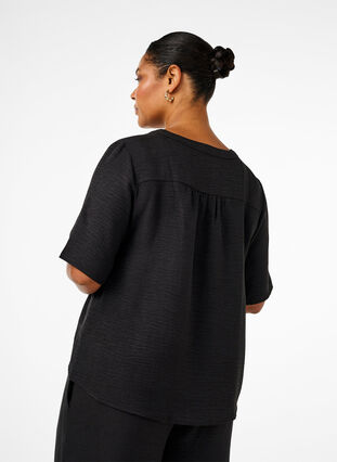 ZizziOverhemd blouse met V-hals en korte mouwen, Black, Model image number 1