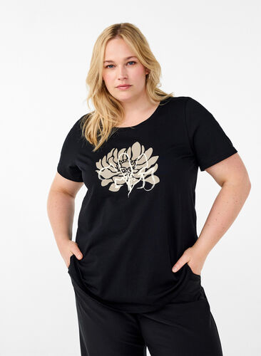 ZizziT-shirt met motief, Black w. Flower, Model image number 0