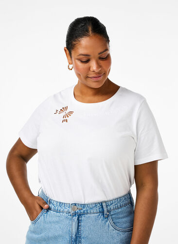 ZizziT-shirt van biologisch katoen met strikdetail, Bright White, Model image number 0