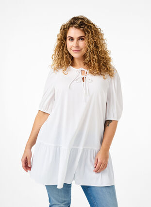 ZizziTuniek van viscose met strikjes, Bright White, Model image number 0