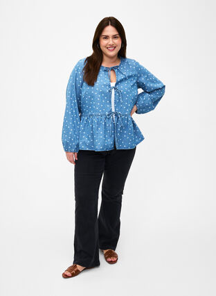 ZizziDenim peplum blouse met striksluiting, Light Blue w.Flowers, Image image number 0