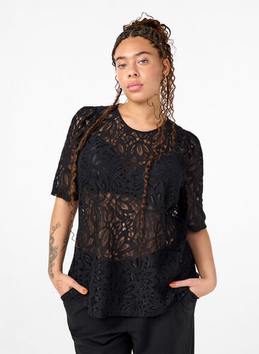 ZizziKanten blouse met korte mouwen, Black, Model image number 0