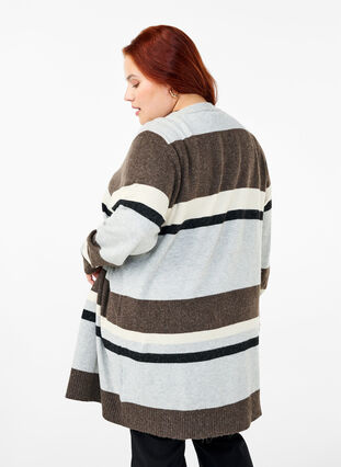 Zizzi Cardigan long en tricot avec rayures larges, Light Grey Mel.Comb, Model image number 1