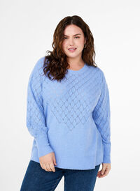 Gebreide blouse met kantpatroon, Cornflower Blue Mel., Model