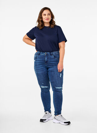 ZizziSuperslanke Amy jeans met slijtagedetails, Blue Denim, Model image number 0