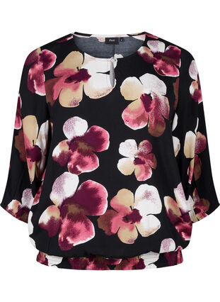 ZizziViscose blouse met print en smok, Black Pink FlowerAOP, Packshot image number 0