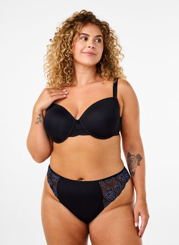 Zizzi String microfibre avec dentelle, Black w Blue, Model image number 0