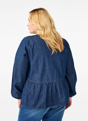 ZizziPeplum blouse van denim met striksluiting, Dark Blue Denim, Model image number 1