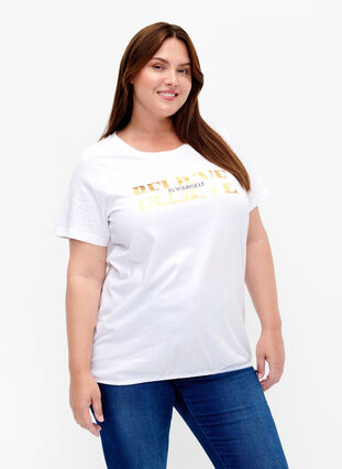 ZizziKatoenen T-shirt met print, B. White w. Believe, Model image number 0