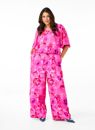 ZizziJumpsuit met bloemenpatroon en mouwen als vleermuisvleugels, Pink Rose AOP, Model image number 1