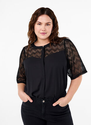 ZizziOverhemdblouse met korte kanten mouwen, Black, Model image number 0