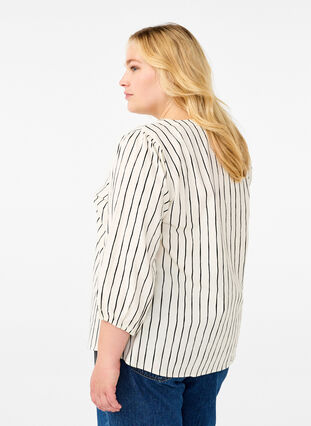 ZizziKatoenen blouse met 3/4 mouwen en strepen, Eggnog Black Stripe, Model image number 1