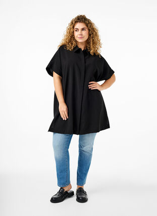 ZizziLang shirt van viscose met korte mouwen, Black, Model image number 2